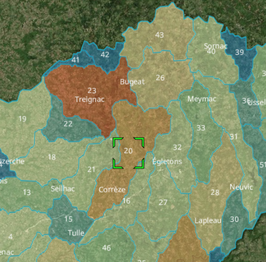 Carte du département de Correze avec ses villes selectionnables.